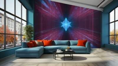 Abstract image of a glowing blue star shape in a tunnel of red lines, creating a sense of depth and energy. The star is bright and powerful, contrasting with the dark background. Wall mural