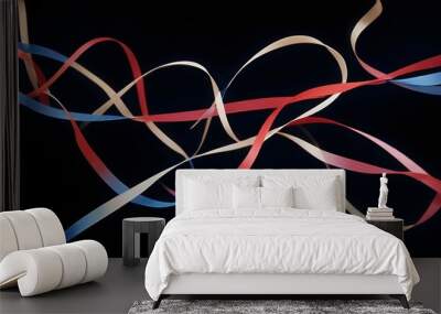 Abstract image of colorful, flowing ribbons on a black background, creating a dynamic and elegant design. Wall mural