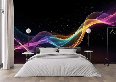 Abstract image of glowing, colorful waves on a black background. The waves are delicate and flowing, creating a sense of energy and movement. Wall mural