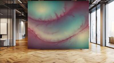 Abstract image of swirling, ethereal lines and colors resembling clouds or smoke against a light blue and pink background. Wall mural