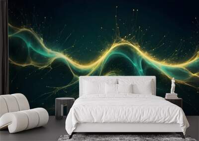 An abstract background image of vibrant, glowing, swirling lines with a glowing, gold shimmer, creating a dynamic and energy-filled effect on a dark green background. Wall mural