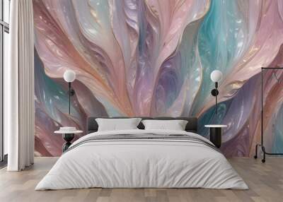 An abstract design resembling fluid, wavy forms of pink, blue, gold, and green colors with an iridescent, pearlescent effect. Wall mural