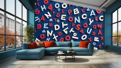 An image of a colorful background with randomly placed letters and numbers in various colors and fonts. The letters and numbers are 3D and cast shadows. Wall mural