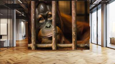 An orangutan is in a cage, his expressive face with sad eyes is clearly visible, the walls of the cage are made of iron, Ai Generated Images Wall mural