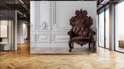 Black Gothic Throne Chair in traditional house, throne with intricate carvings and dark details, living room background with wooden walls, Ai generated Images Wall mural