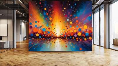 Colorful abstract art with exploding shapes, bright colors, and a radiating glow, resembling a celebration of light and energy. Wall mural