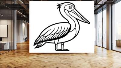 Coloring book page, Pelican black and white outline vector illustration Wall mural