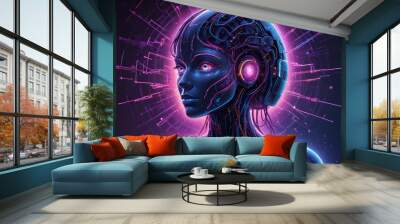 Digital illustration of a female cyborg with glowing neon lines and circuitry, creating a futuristic and futuristic look. The cyborg has a soft, feminine expression, highlighting the balance Wall mural