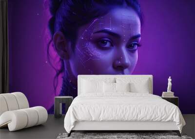 Digital illustration of a woman with glowing lines on her face, resembling a futuristic or cyberpunk aesthetic. The woman is looking at the camera with a confident expression. Wall mural