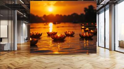 evening on Chhath Puja, people gather on the river bank with offerings, the orange sky at sunset creates a beautiful view, Ai generated images Wall mural