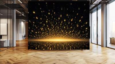 Golden particles exploding from a bright light source against a dark background, creating a sparkling and festive effect. Wall mural