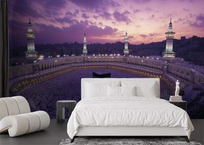 Grand Mosque in Mecca at dusk, thousands of worshippers praying around the Kaaba, purple and orange sky, Ai generated images Wall mural