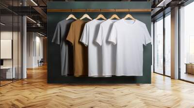 hanging t-shirt mock up, daylight in studio, T-shirt advertisement, merchandise, dark background, rack clothes. AI Generated Image  Wall mural