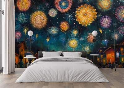 illustration of Diwali Fireworks, the night sky is decorated with colorful fireworks in the shape of flowers and stars, people are standing under it with great joy, Ai generated images Wall mural