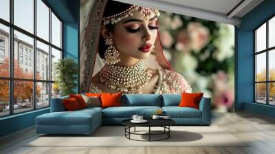 Indian/Pakistani/Bangladeshi bride in pink/beige lehenga, Traditional wedding saree jewelry Wall mural