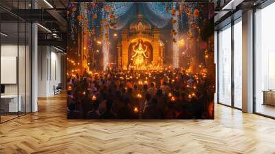 Kali Puja in Kolkata, thousands of devotees gather in front of the magnificent temple, carrying candles and offerings to Goddess Kali, the backdrop of the temple is full of lights and festive decorati Wall mural