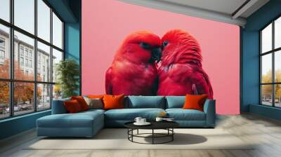 Minimalist valentine's day Concept: Two red love birds on red background modern minimalism, valentines day wallpaper banner, 14th February relationship couple romantic card Wall mural