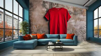 mock up plain red t-shirt hanging on a cement wall, Ai Generated Images Wall mural