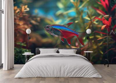 Neon Tetra fish with bright colors and small bodies swim happily in a colorful aquarium, Ai generated Images Wall mural