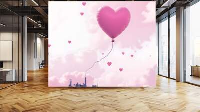 Pink Heart-Shaped Balloon Over a City with Clouds Wall mural