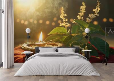 Tulsi Vivah, background of Tulsi plant decorated with red cloth and small lamp, offering tray with flowers and incense, soft light from oil lamp surrounds the plant, Ai generated images Wall mural