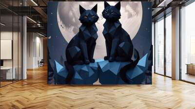 Two Black Cats in a Low Poly Style Under the Moon Wall mural