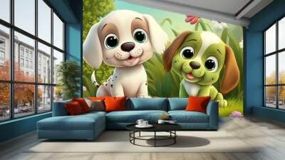 Victor illustration of two cute puppies sitting in a lush green garden, Generative ai Wall mural