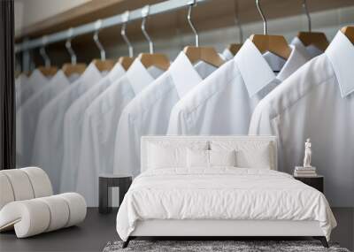 White men's shirt hanging on the rack of a men's clothing store. AI generated Images Wall mural