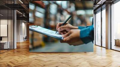 worker hand writing job list on clipboard, carton package warehouse background, Ai generated Images Wall mural