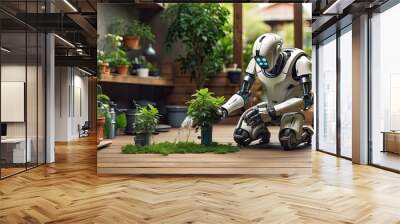 huge banner featuring a robot gardener or housekeeper watering to plants in a backyard at home Wall mural