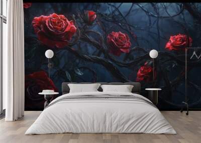 A dark and moody image of red roses blooming on twisting vines, with a deep blue background. Wall mural