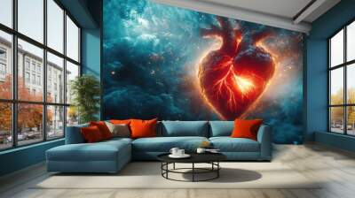 A fiery, anatomical heart glows against a dark, cloudy sky. The image evokes feelings of love, passion, and intensity. Wall mural