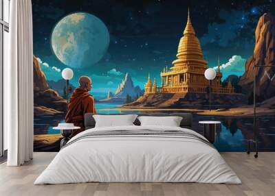 buddha monk old temple river cosmic night Wall mural