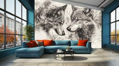 Detailed black and white drawing of two wolves, one looking to the left and the other to the right, set against a background of detailed, abstract lines. Wall mural