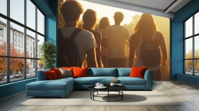 Group of friends walking together at sunset, enjoying their hike.  The warm sunlight creates a beautiful glow on the people's faces. Wall mural