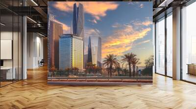 Sunset over large buildings equipped with the latest technology, King Abdullah Financial District, in the capital, Riyadh, Saudi Arabia Wall mural