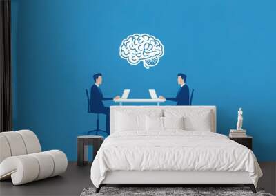 Two businessmen sit at a table with a brain symbol above them, symbolizing collaboration and brainstorming. Wall mural