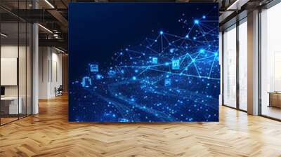 Abstract digital network background with glowing lines and connected dots. Wall mural