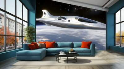 Futuristic spacecraft in orbit above Earth. Wall mural