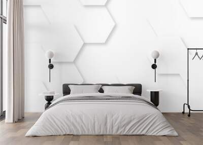  White 3d hexagon grid pattern wall geometric texture. Hexagon honeycomb mosaic mesh cell hexagonal molecular structures in technology honeycomb background. Wall mural