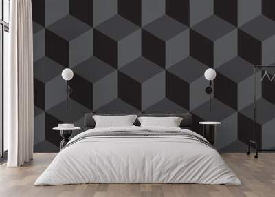 Seamless dark black geometric cube creative concept triangle overlapping overlap square technology background. geometric digital cubes fabric and wallpaper grid block texture background. Wall mural