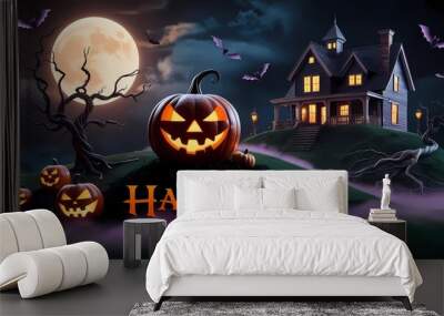 a halloween poster with a house on the front and a full moon behind it Wall mural