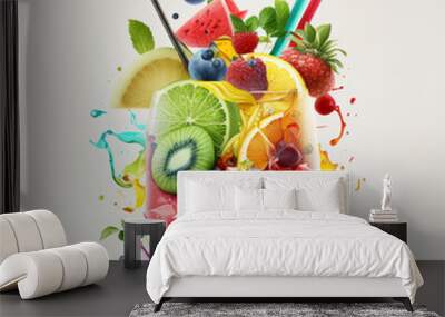 Illustrations of a drinking fruits cocktails with straw Wall mural