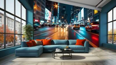 City street at night with moving cars and bright neon lights. Urban nightlife and modern cityscape concept Wall mural