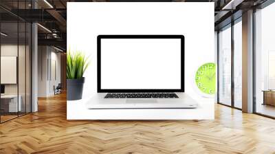 Laptop with blank white screen on desk isolated on white background. Conceptual image.  Wall mural