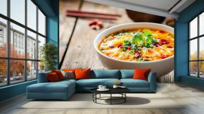 Close-up a bowl of hot and sour soup with fresh ingredients Wall mural