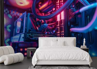 Close-up of high-performance computer hardware with RGB lighting. Technology and gaming concept. Wall mural