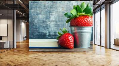 Two Red Strawberries in a Metal Bucket and a Book Wall mural