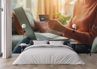 Woman Using Laptop to Shop Online with Credit Card Wall mural