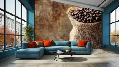 Aromatic Abundance: Freshly Roasted Coffee Beans in a Rustic Burlap Sack  Wall mural